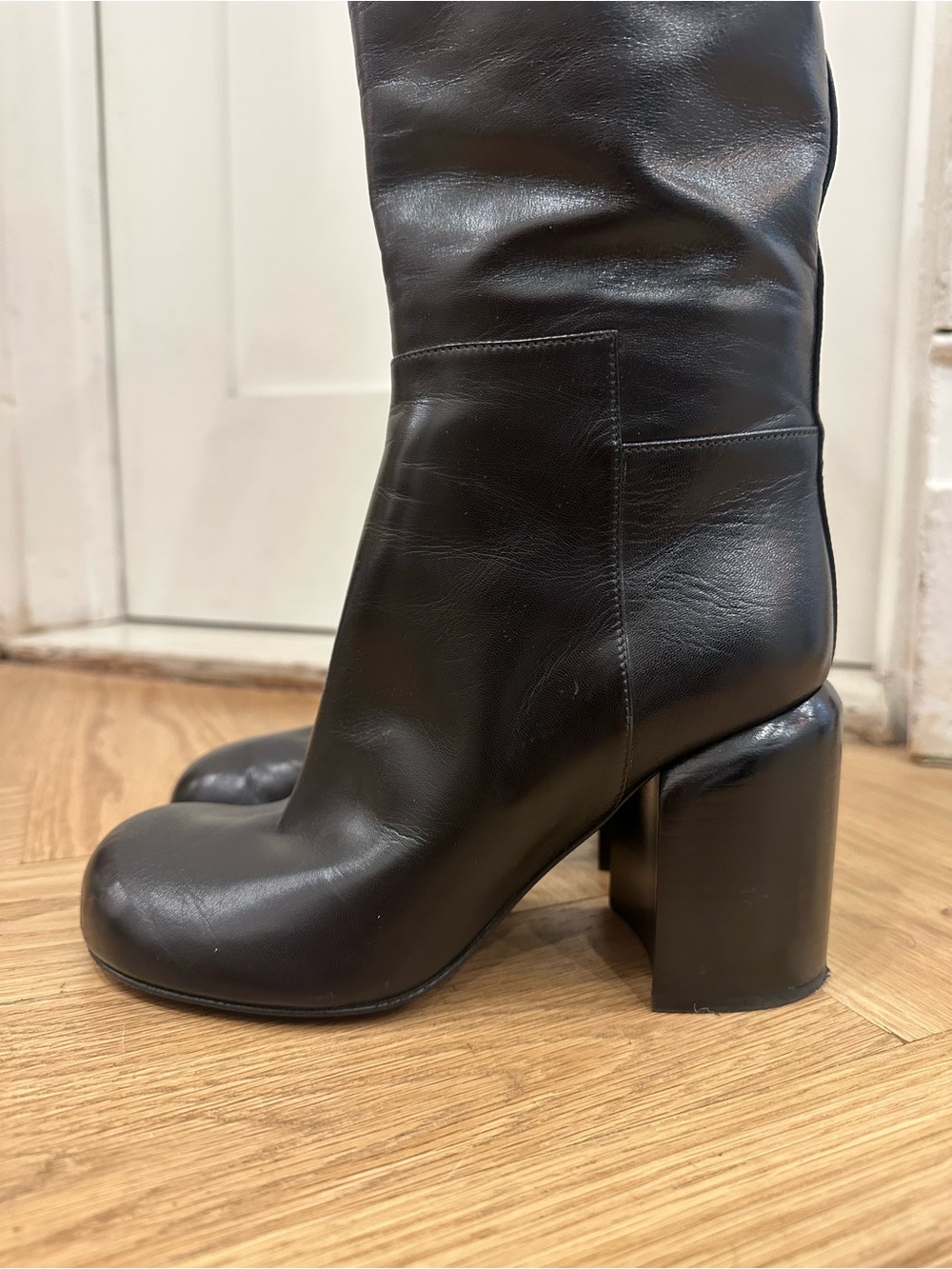 Jil Sander Black Leather Mid-Calf Block Heel Boots